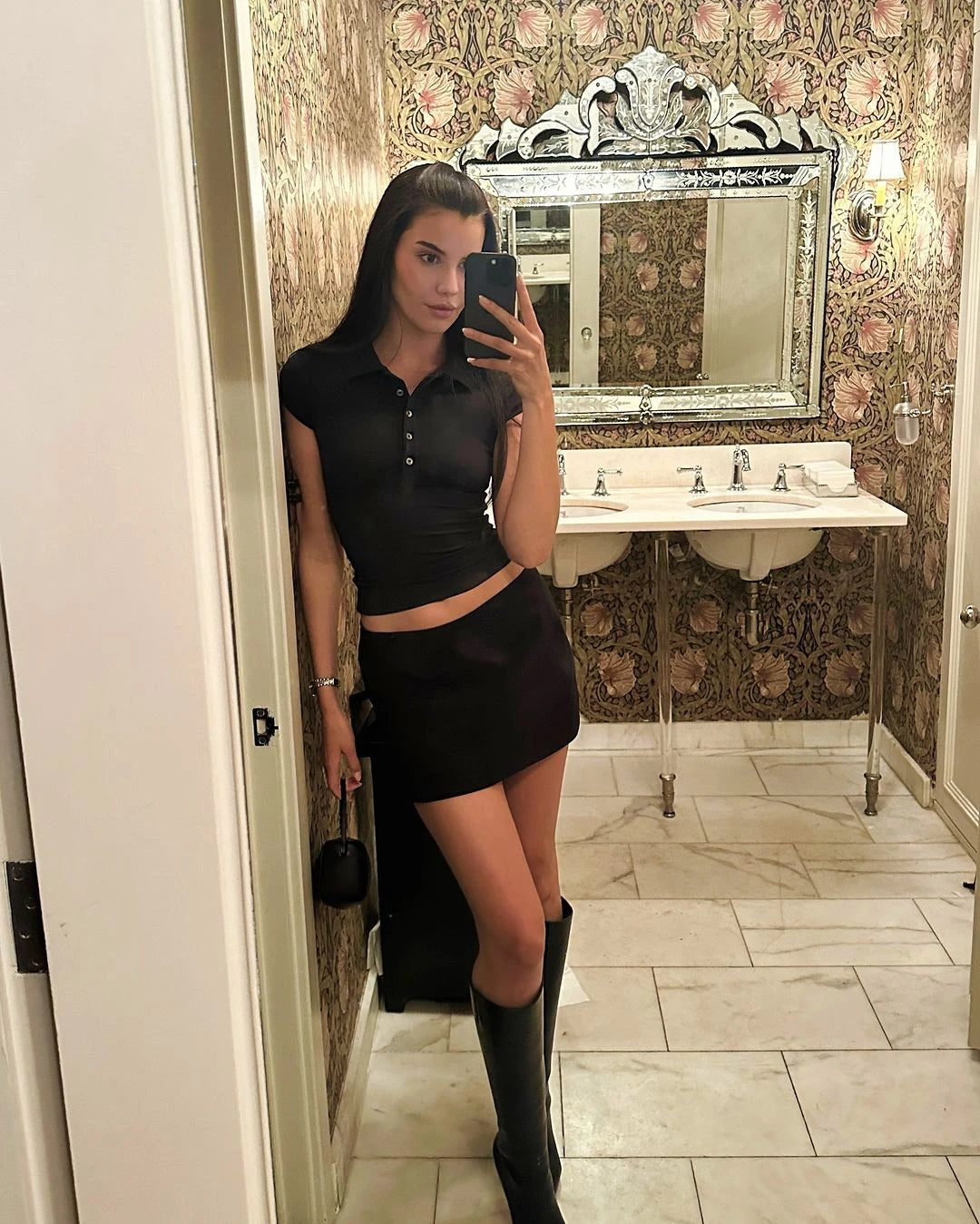 Black Polo Collar Slim Top