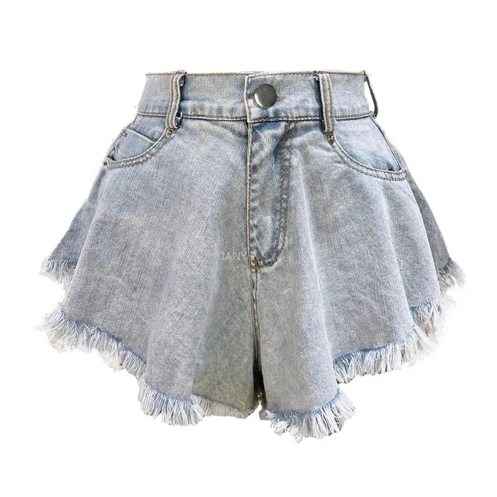Denim High Waist Loose Tassel Shorts