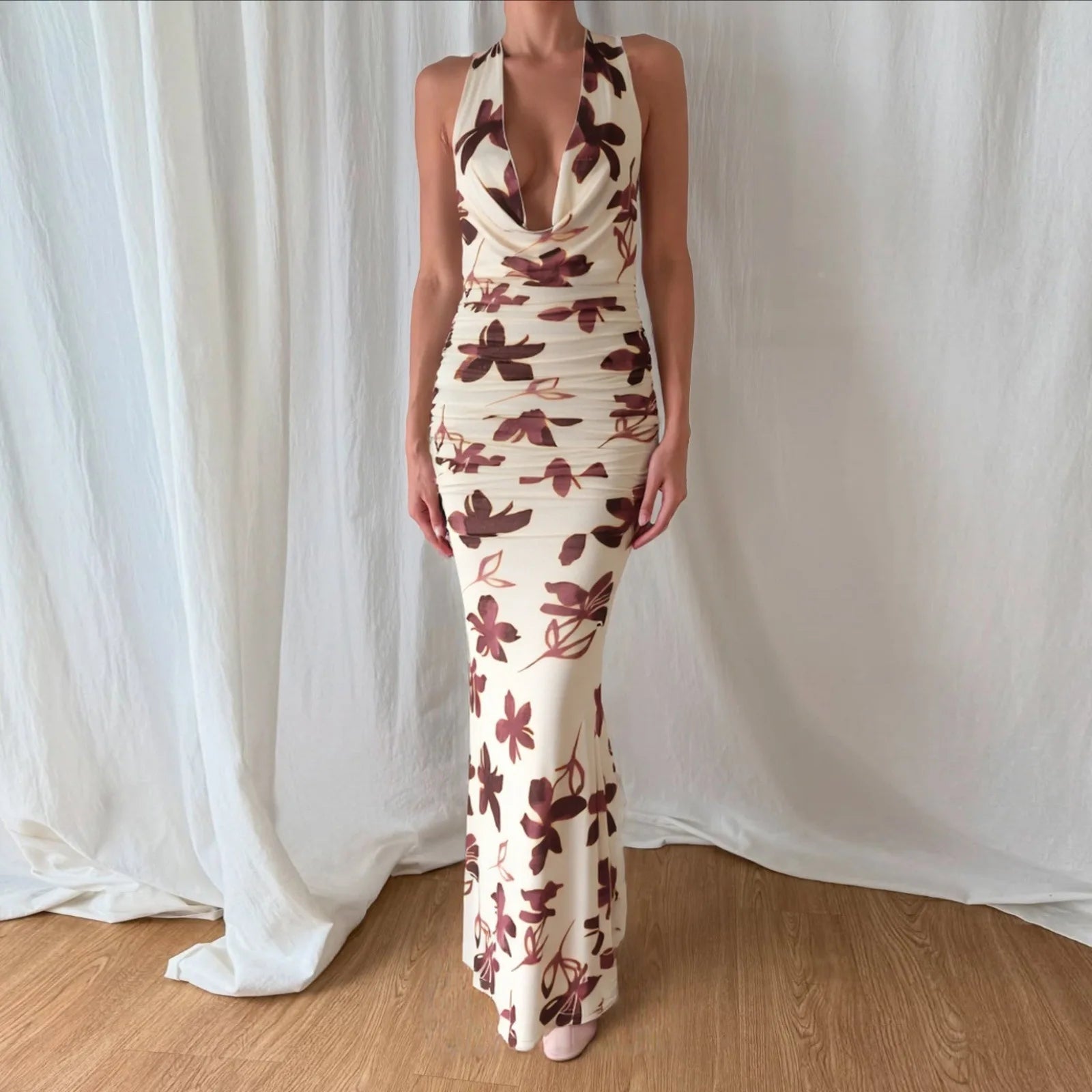 Maria Backless Halter Draped Maxi Dress