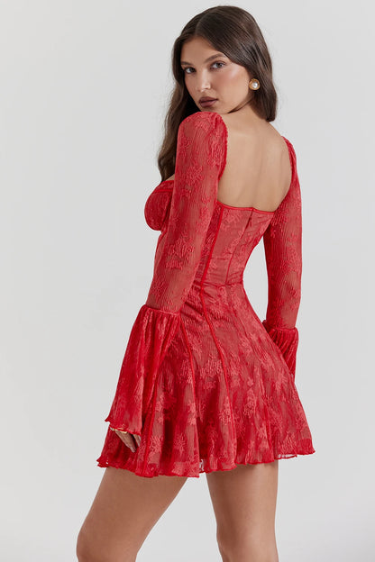 Elegant Lace-up Long Sleeve Mini Dress