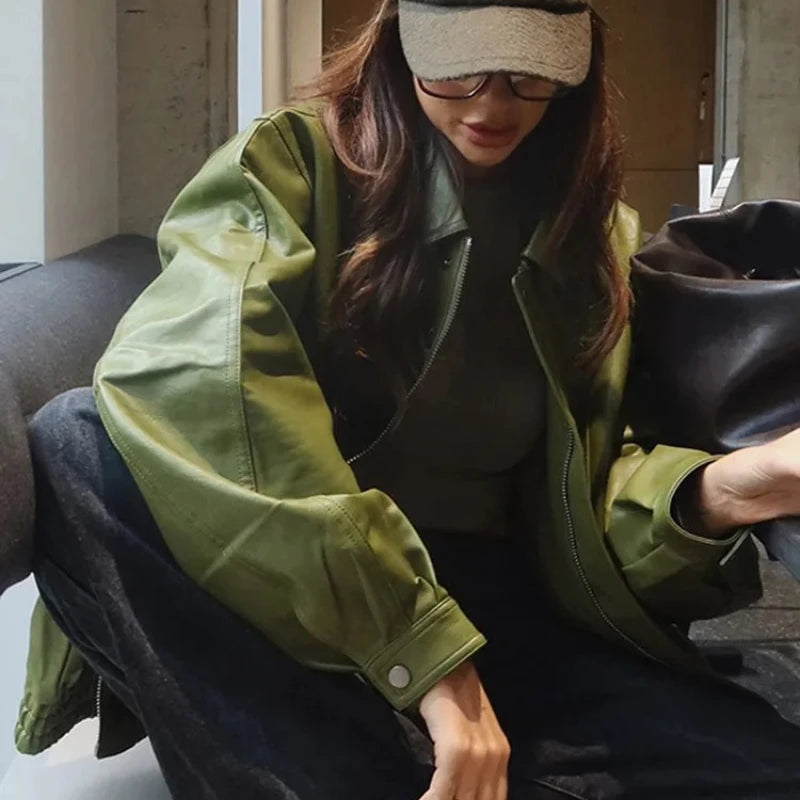 Olive Green Faux Leather Jacket