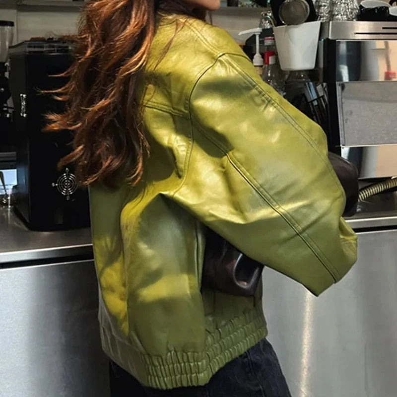 Olive Green Faux Leather Jacket