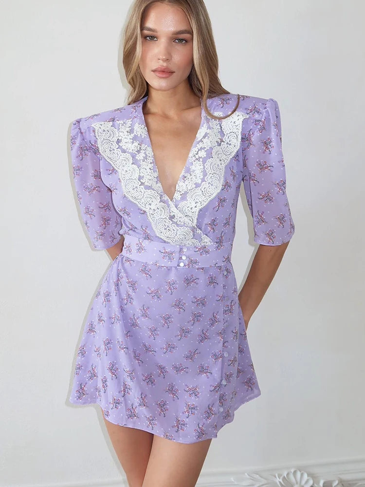 V-neck Lace Purple Short Sleeve Floral Dress