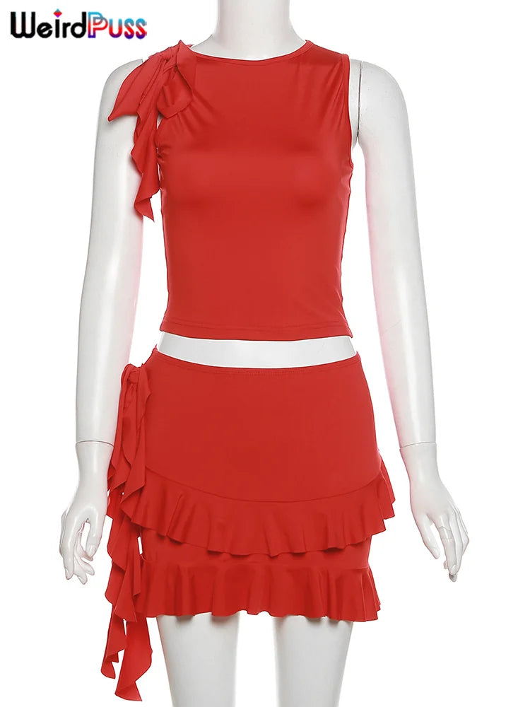 Tassel Mini Skirt+Bandage Slim Tank Top Set