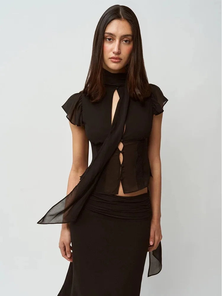 Beck single-button hollowed-out ribbon cardigan top & skirt