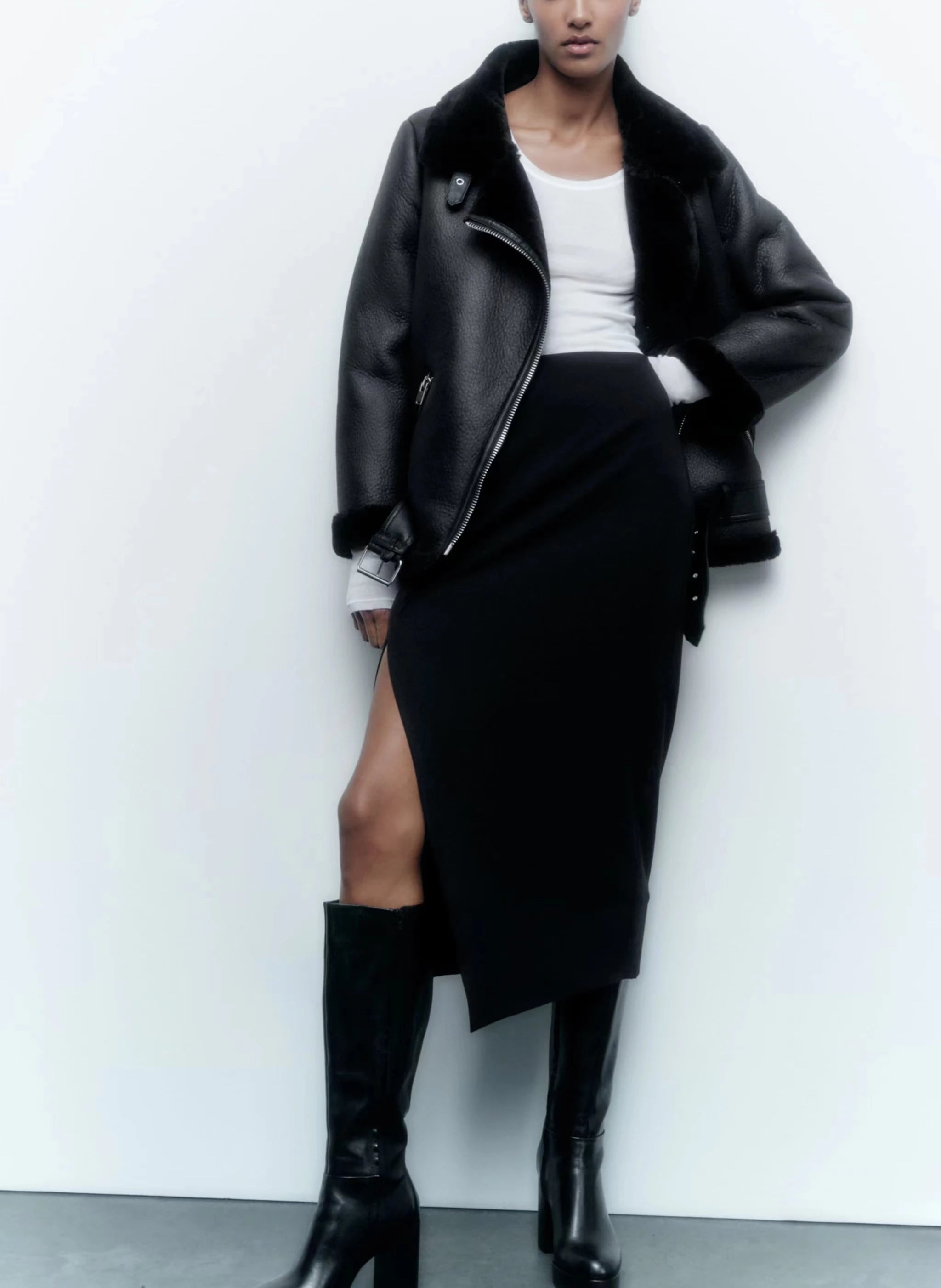 Amirozo Fur Faux Leather Jacket