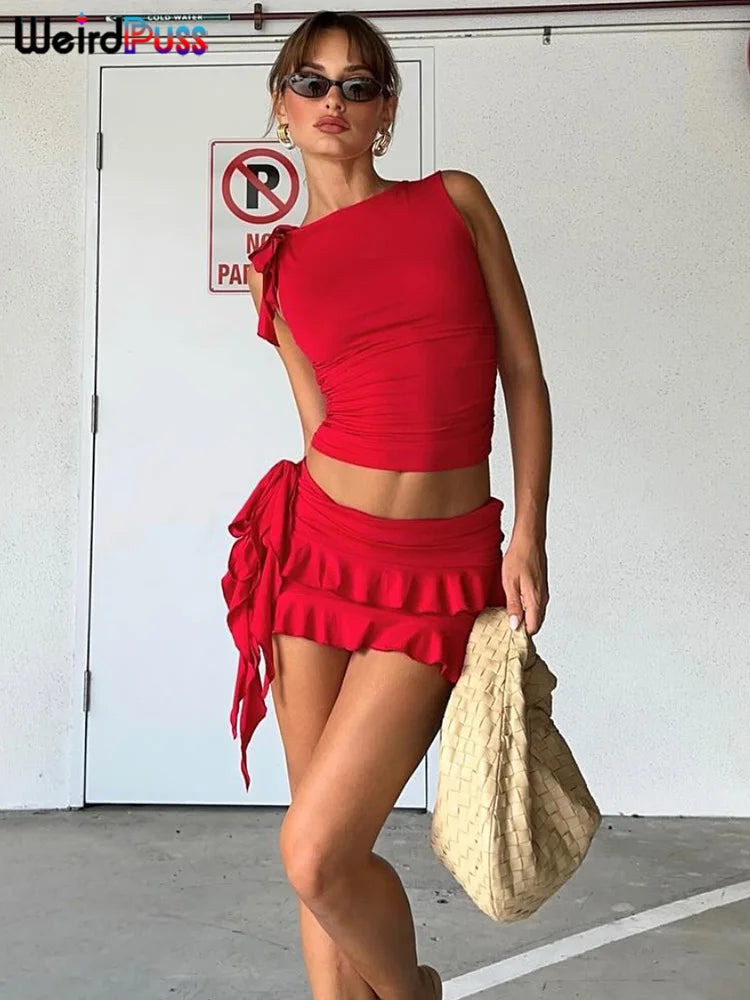 Tassel Mini Skirt+Bandage Slim Tank Top Set