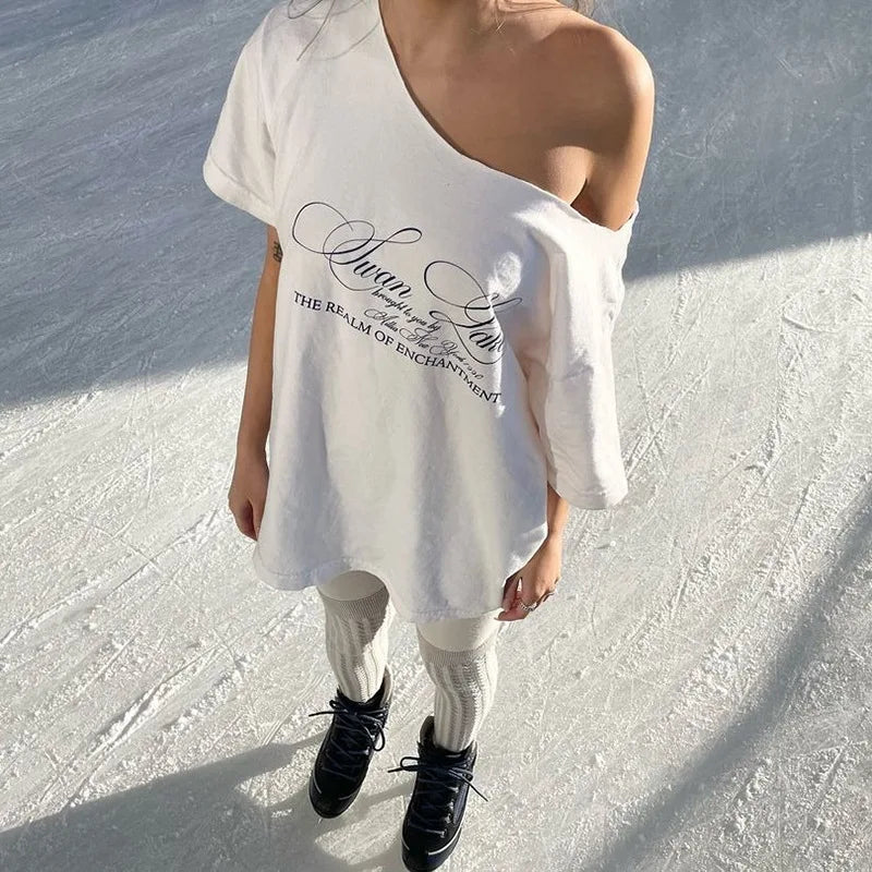 Graphic Oversized One Shoulder Top