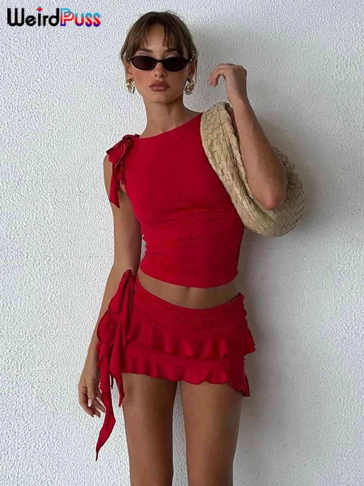 Tassel Mini Skirt+Bandage Slim Tank Top Set