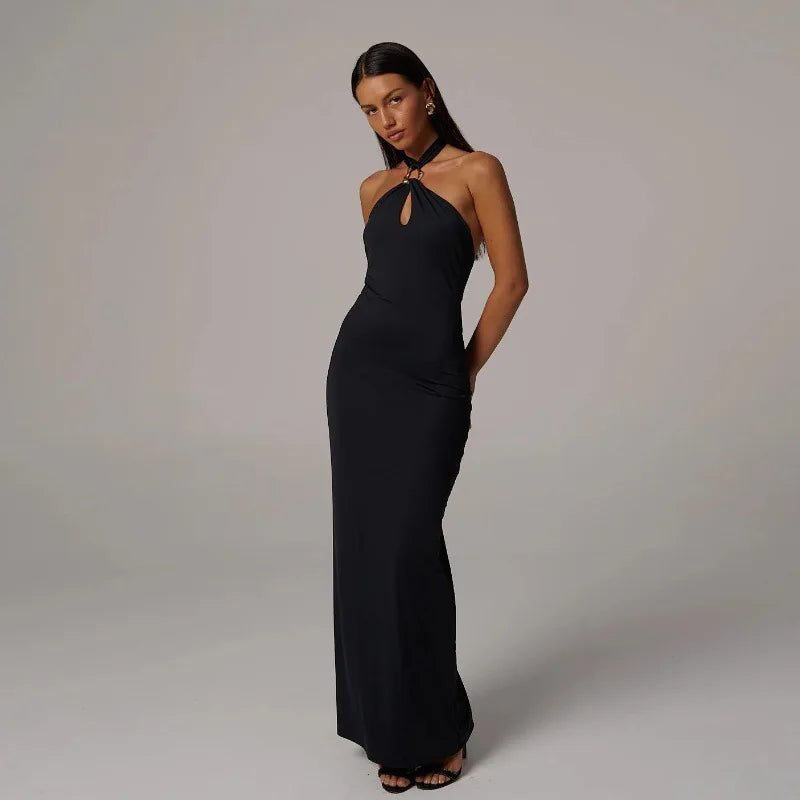 Elegant Backless Halter Black Dress Party Maxi Dress