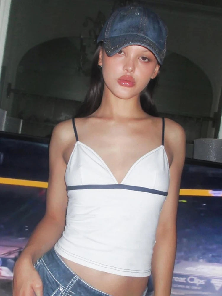 V-Neck White Halter Tops Y2k