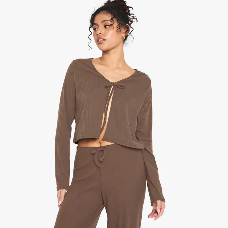 Top & Drawstring Wide-Leg Pants Casual Set