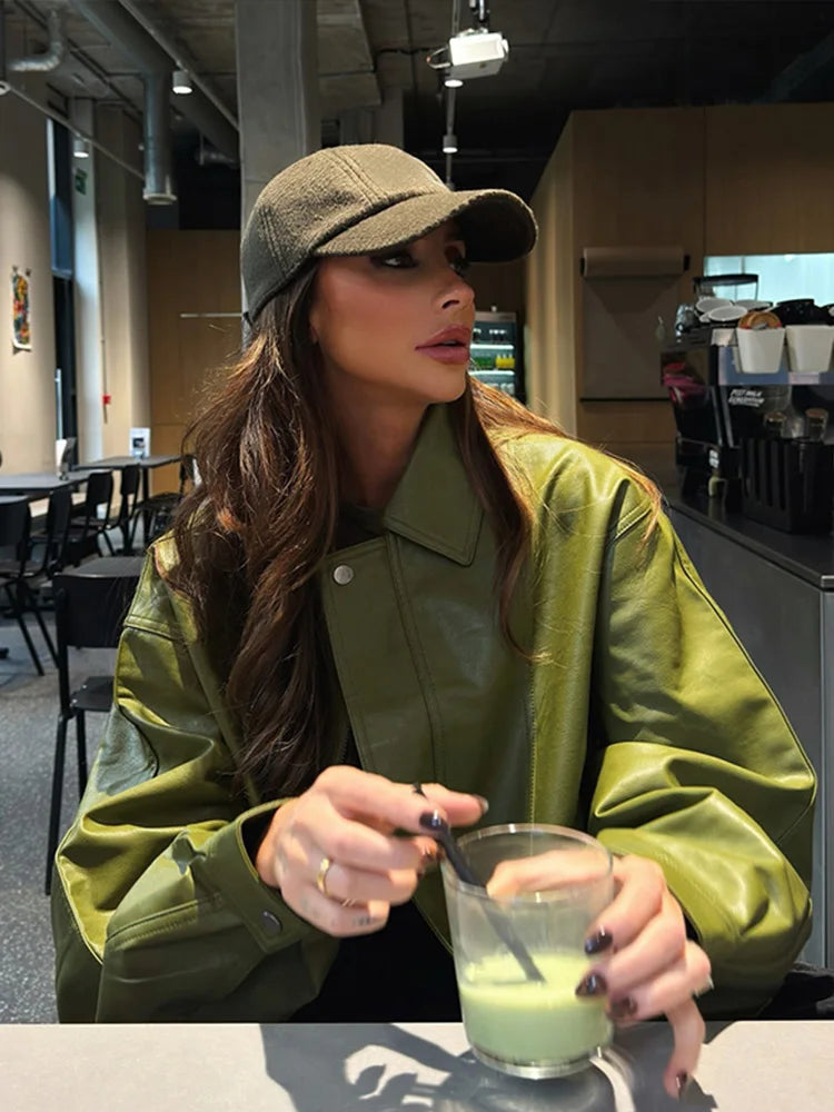 Olive Green Faux Leather Jacket