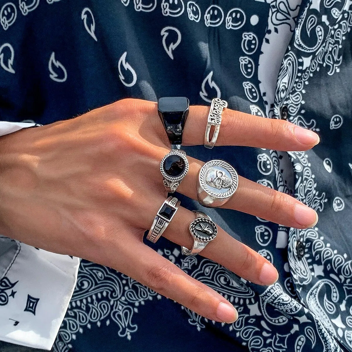 Goth Vintage Skeleton Skull Antique Silver Color Rings 6Pcs/Set