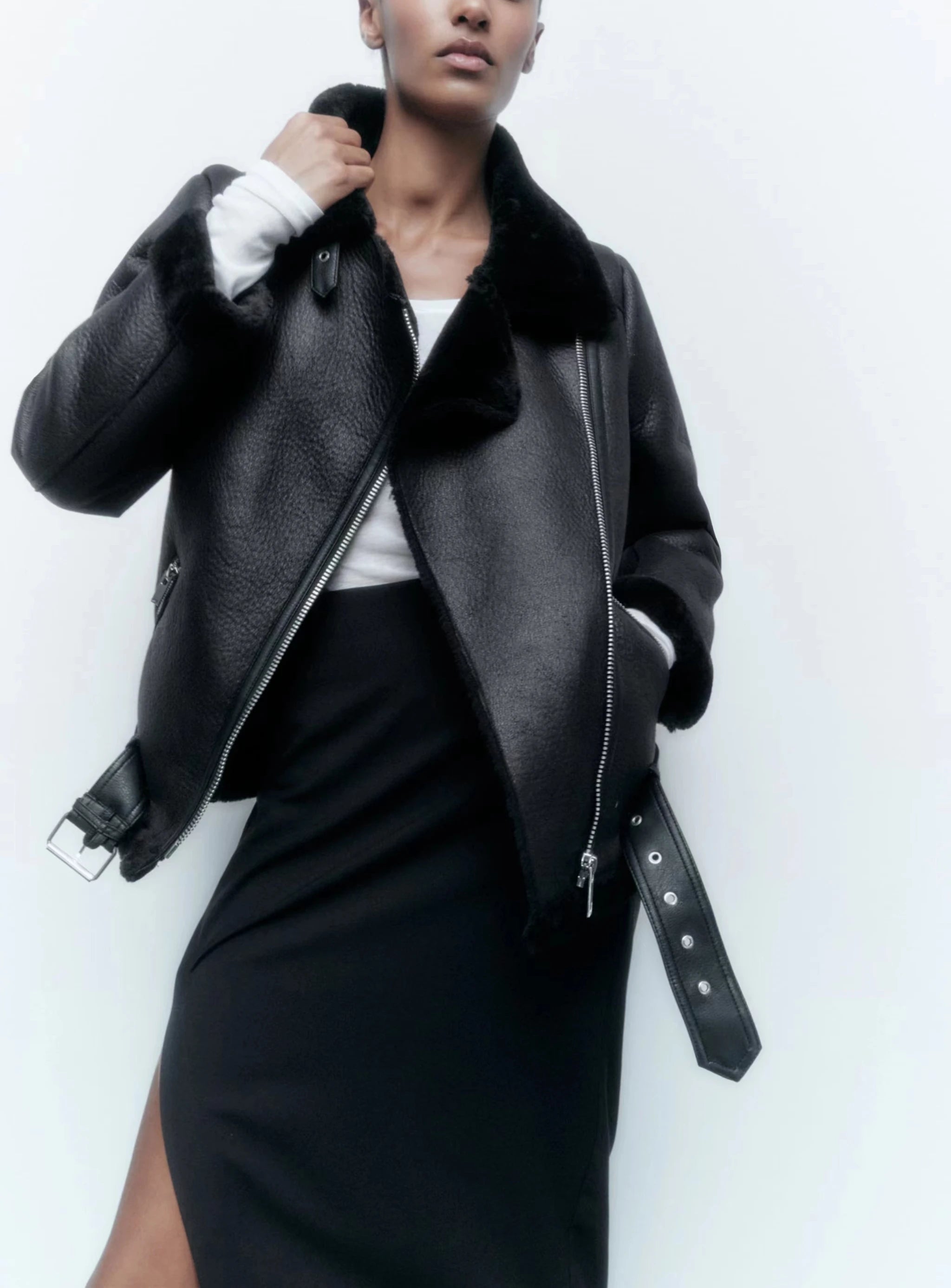 Amirozo Fur Faux Leather Jacket