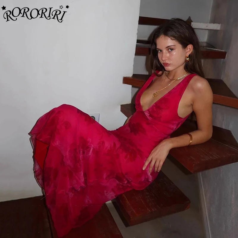 Rojo Elegant V-neck Rose Long Dress