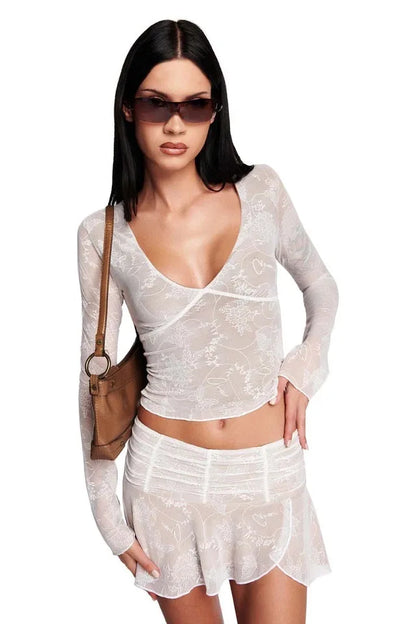 Santina lace nude lining sexy V-neck long-sleeved Top + short Skirt