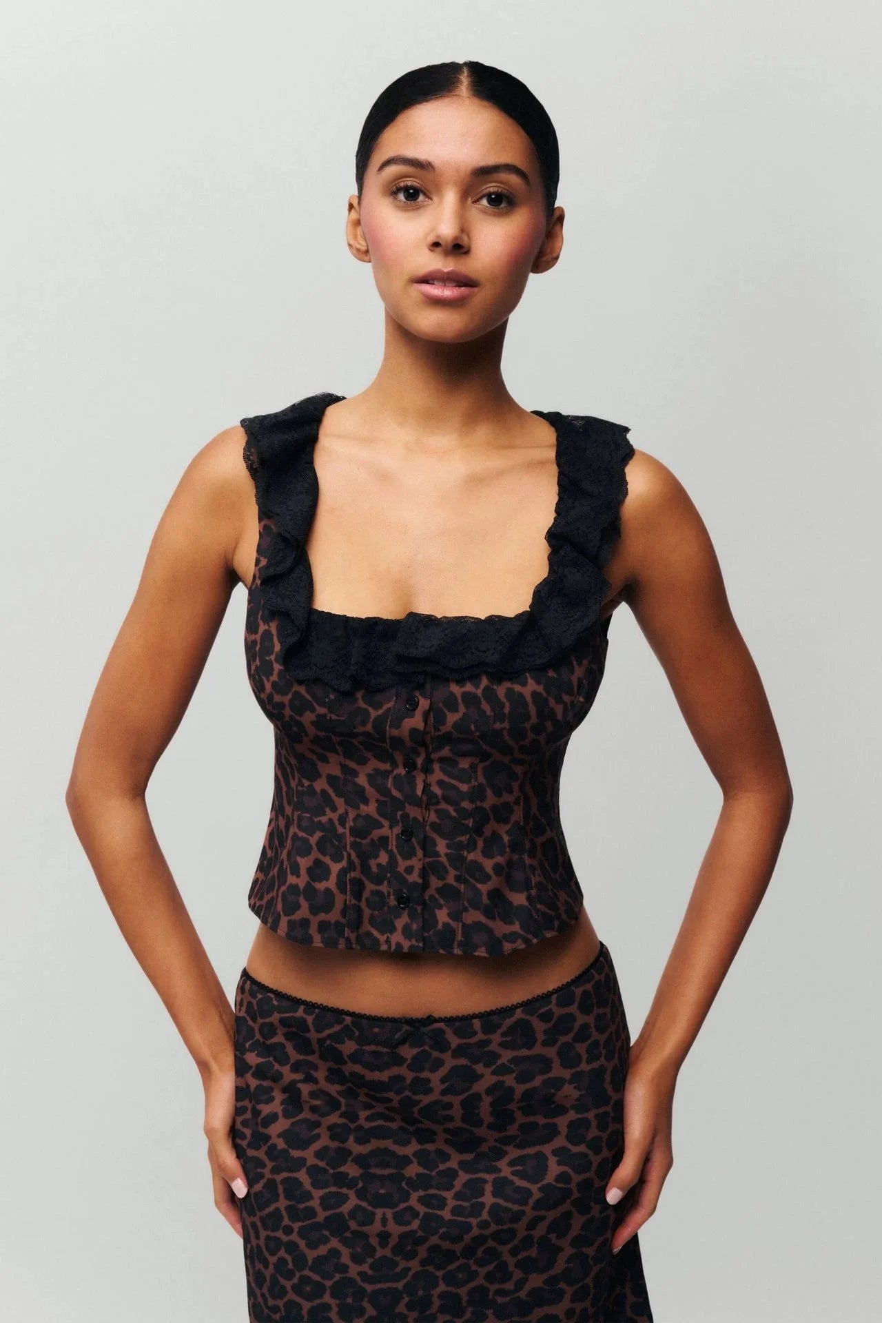 French Leopard V-Neck Bralette Top + Low-rise A-line Skirt