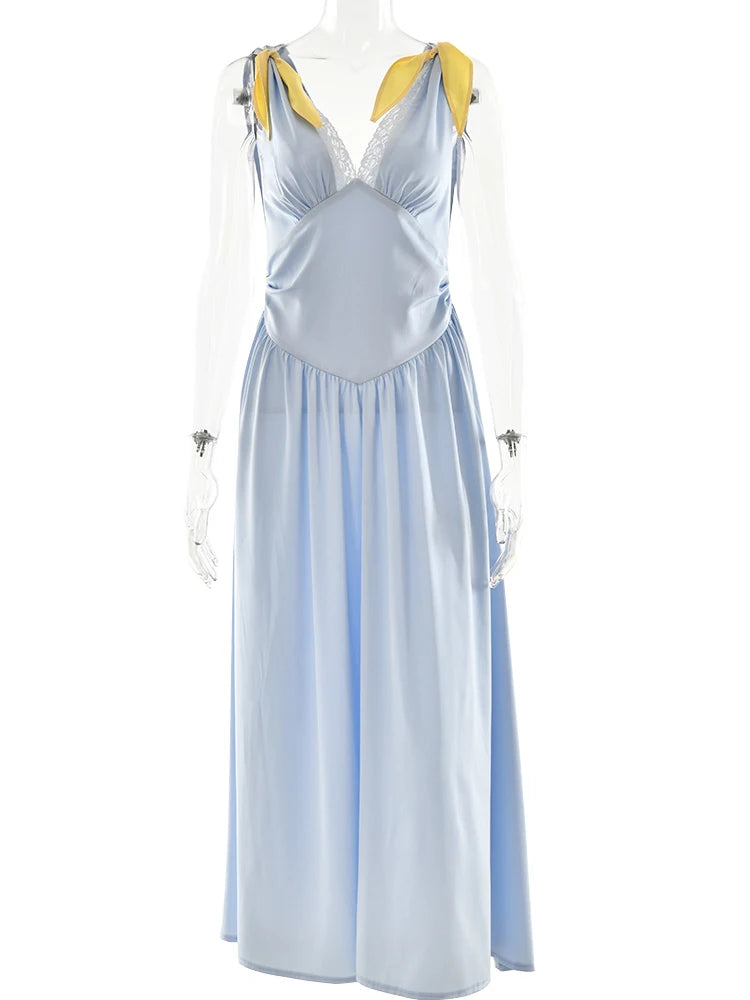 Lily Satin Deep V-neck Lace Bow Maxi Dress