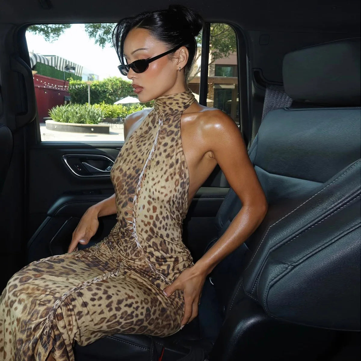 Fashion Halter Leopard Backless Maxi Dress
