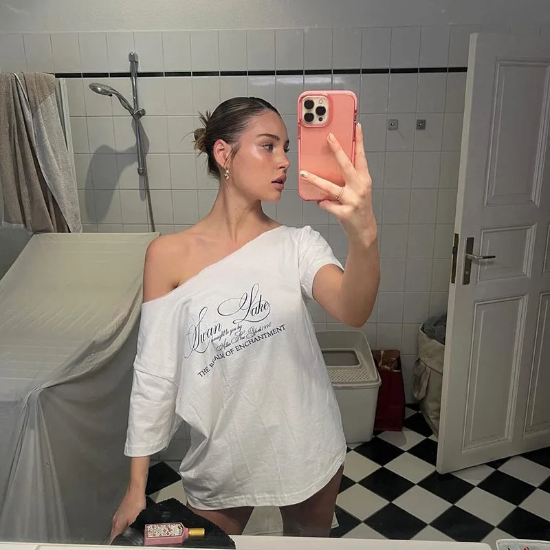 Graphic Oversized One Shoulder Top