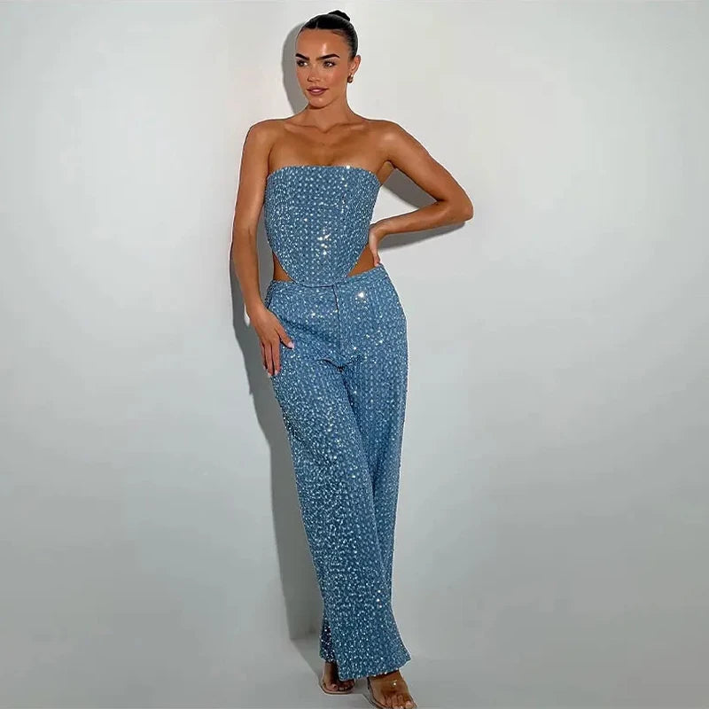 BKN Sequin Denim Two Piece Club Outfits
