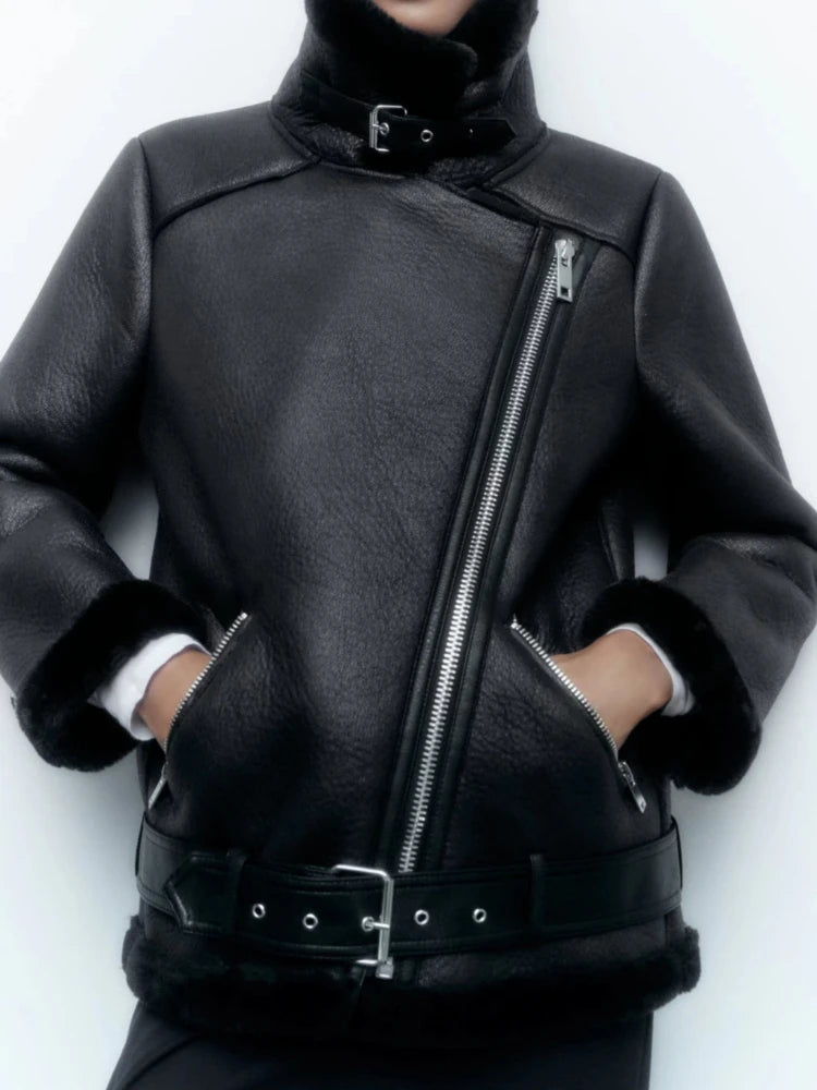 Amirozo Fur Faux Leather Jacket