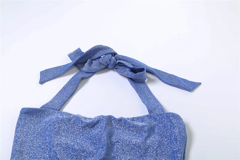 Blue Glitter Halter Neck Party Dress
