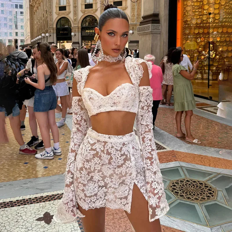 Dilly Lace Hollow Out Skirt Set