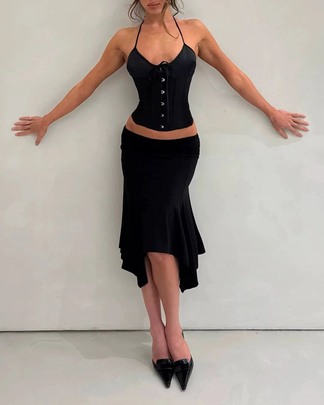 Black Satin V-neck Top