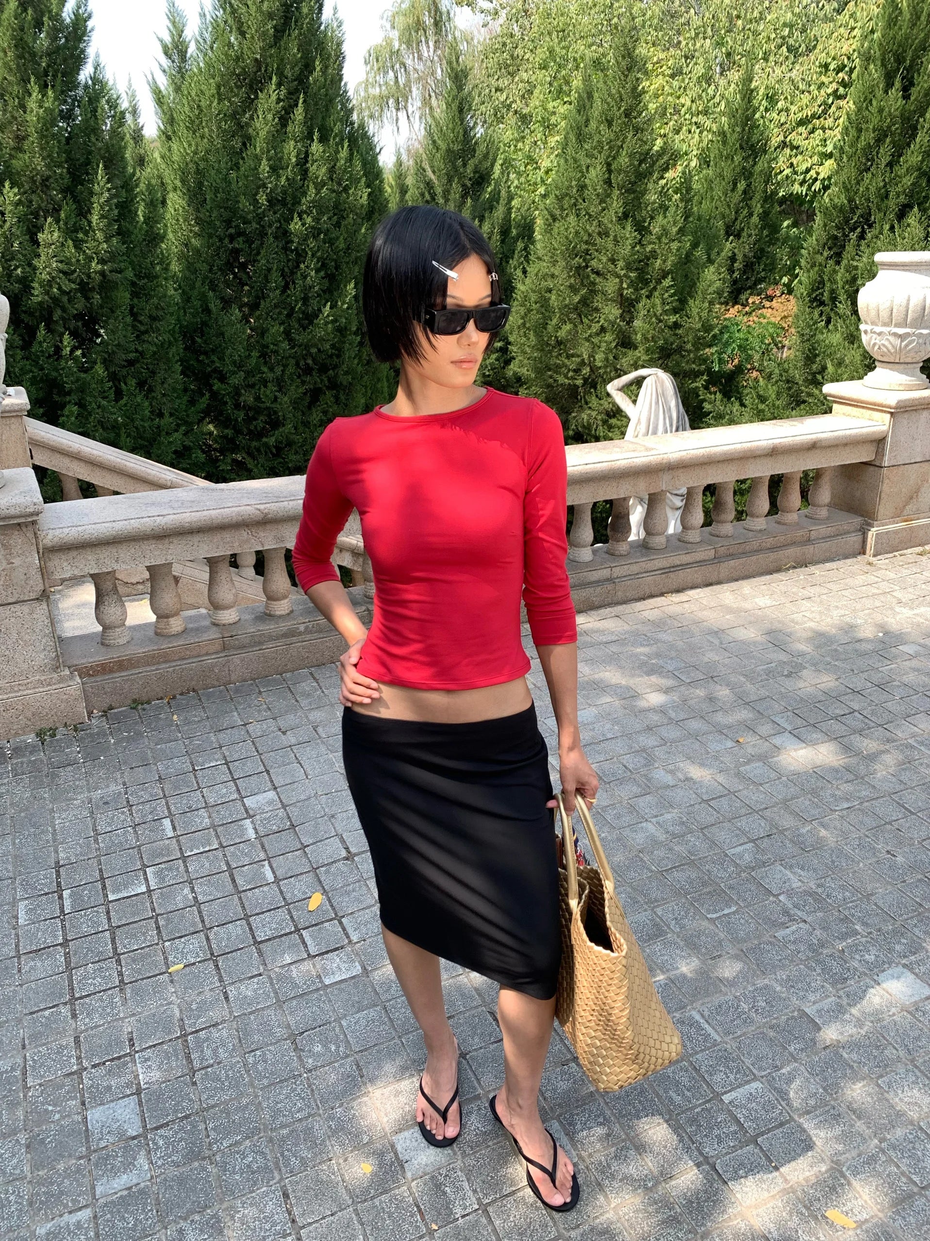 Red Long-Sleeved Tight-Fitting Top