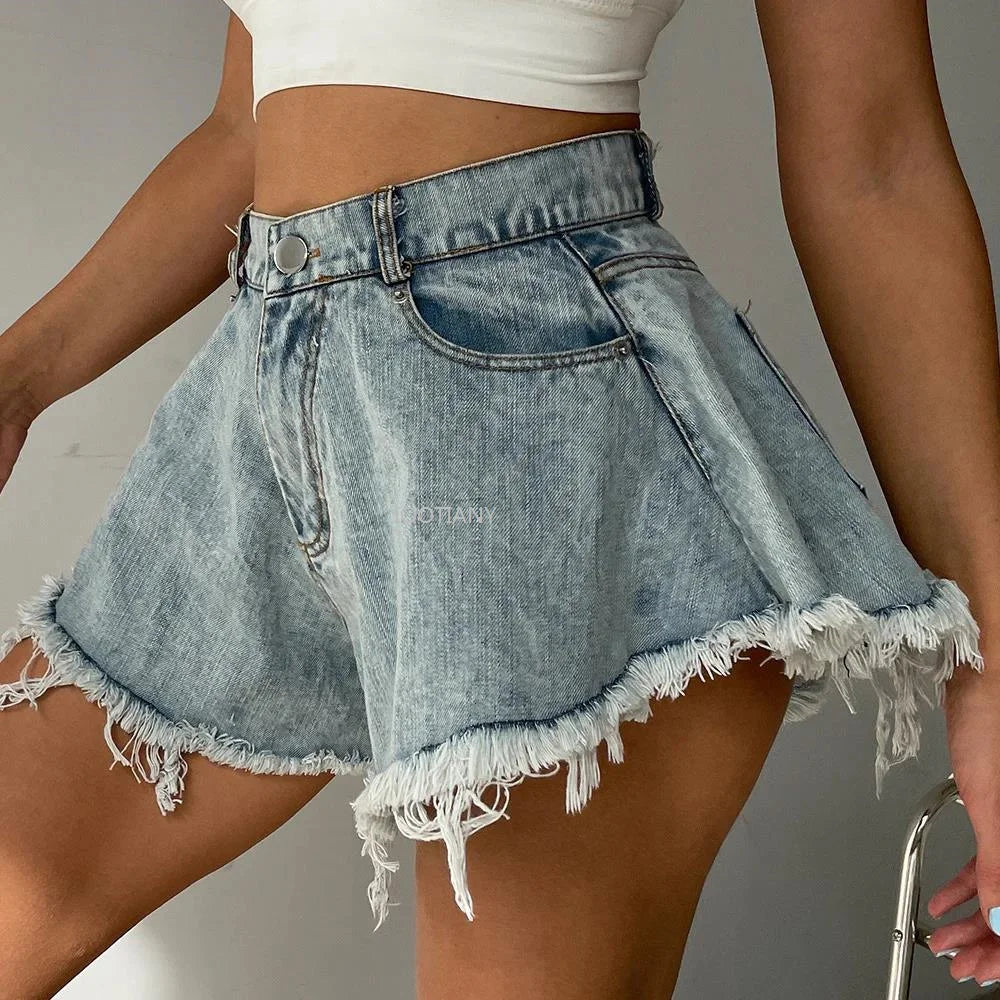 Denim High Waist Loose Tassel Shorts