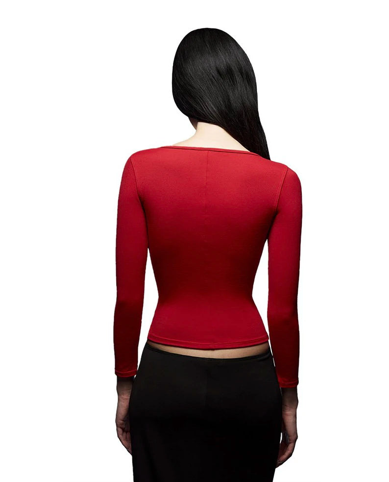Red Long-Sleeved Tight-Fitting Top