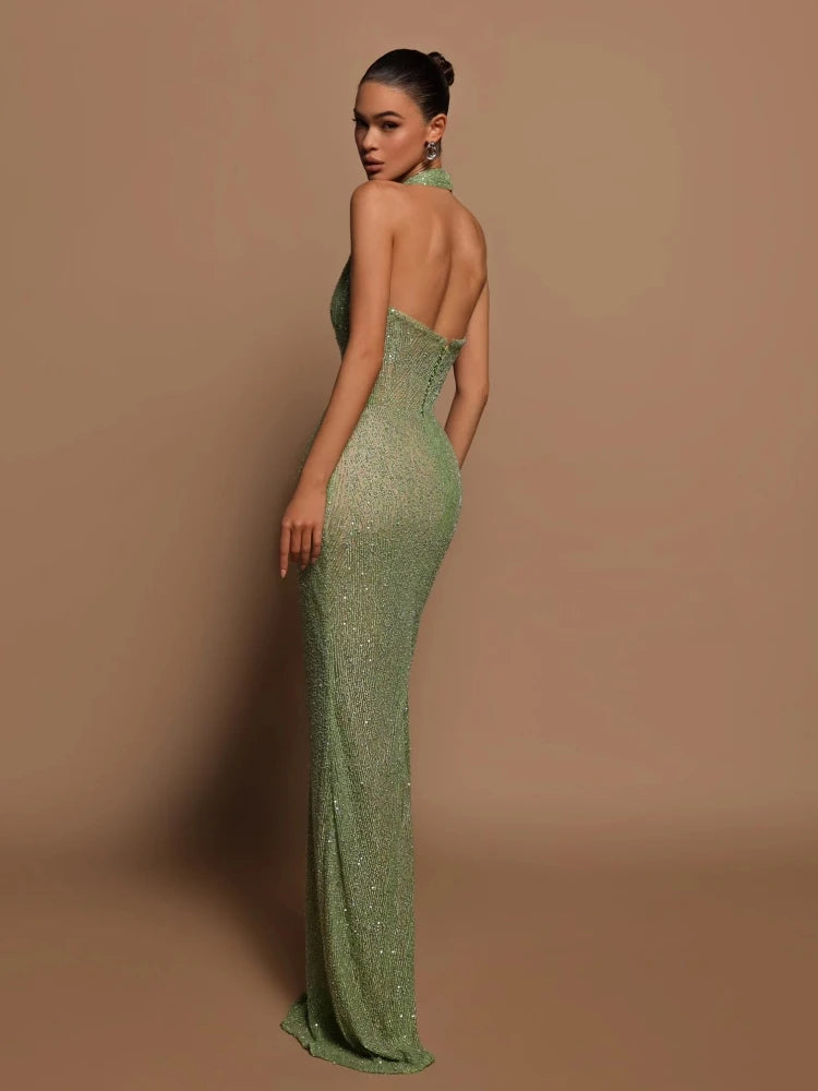 Em Halter V Neck Sequins Maxi Dress