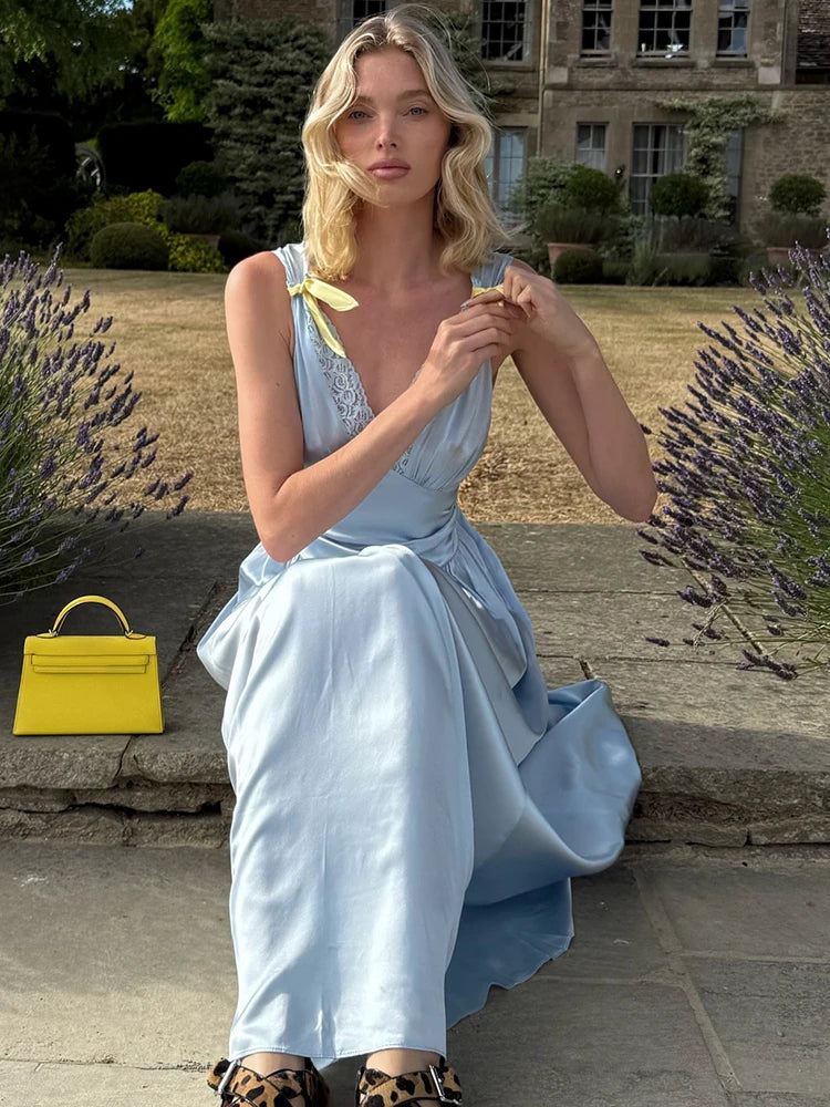 Lily Satin Deep V-neck Lace Bow Maxi Dress