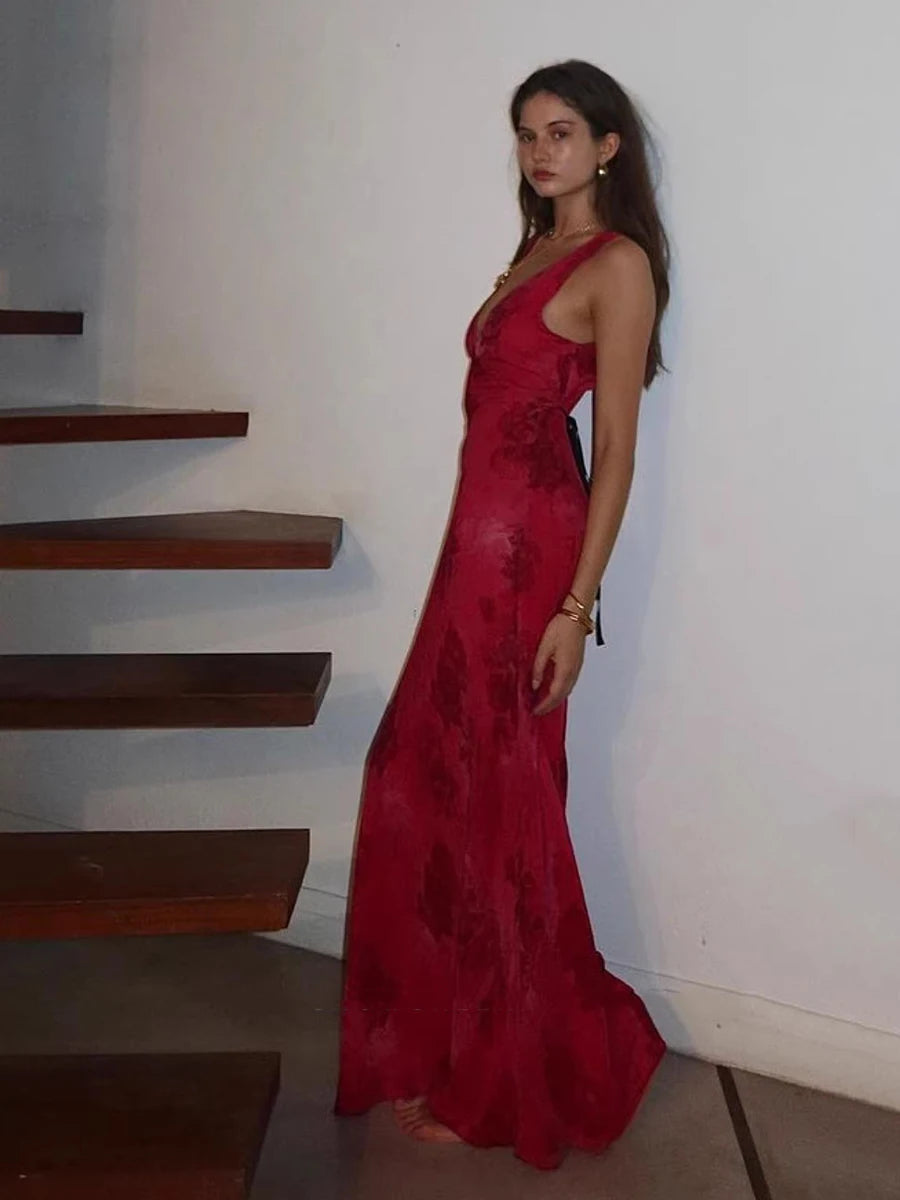 Rojo Elegant V-neck Rose Long Dress