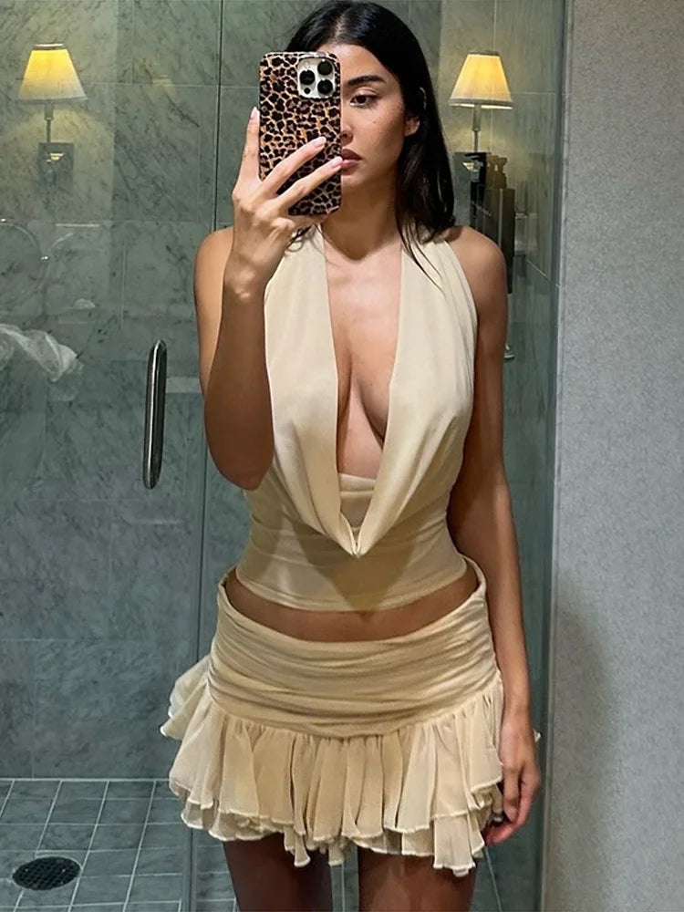 Ruffle Skirt Top Set Sexy Backless
