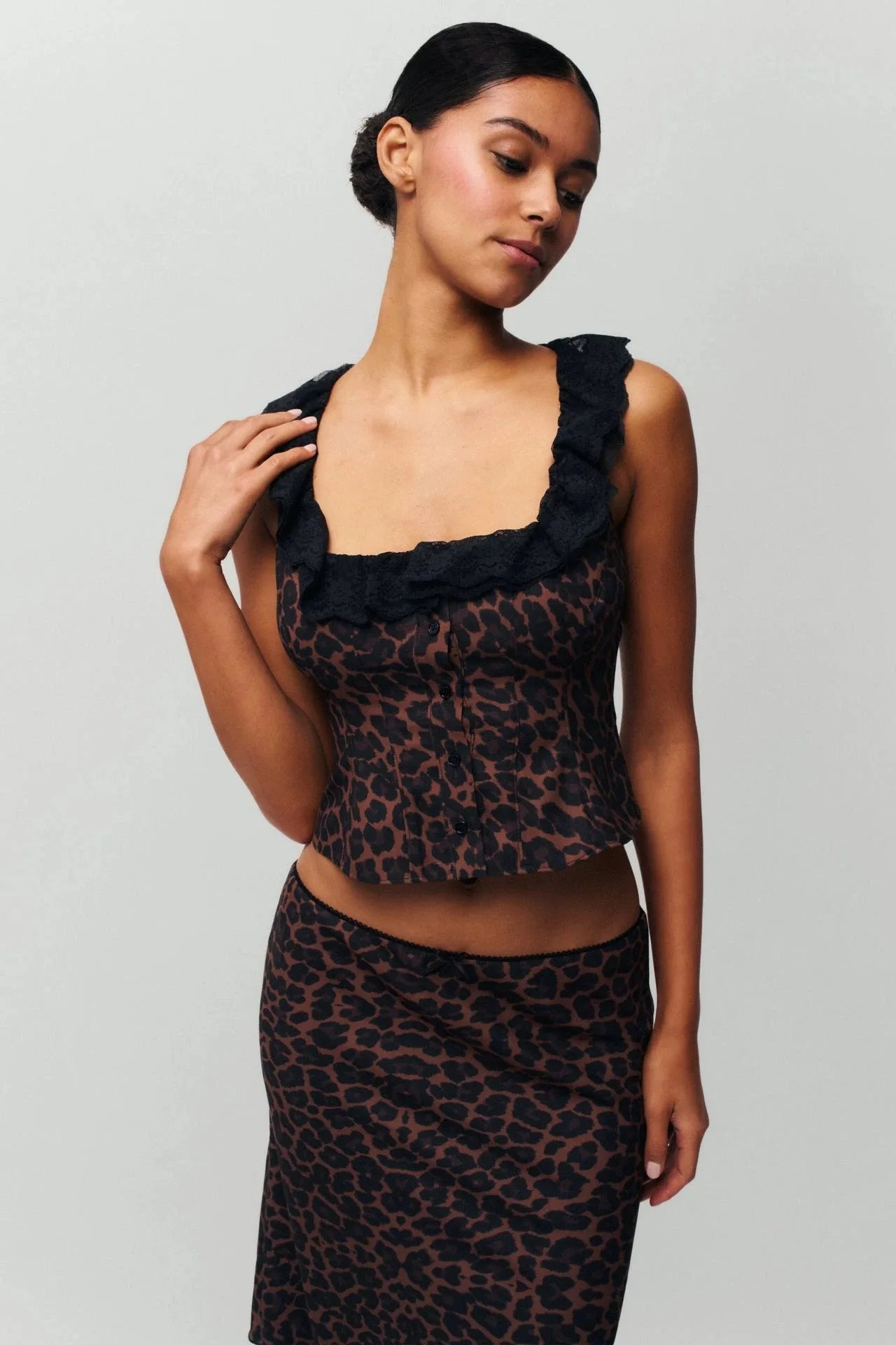 French Leopard V-Neck Bralette Top + Low-rise A-line Skirt