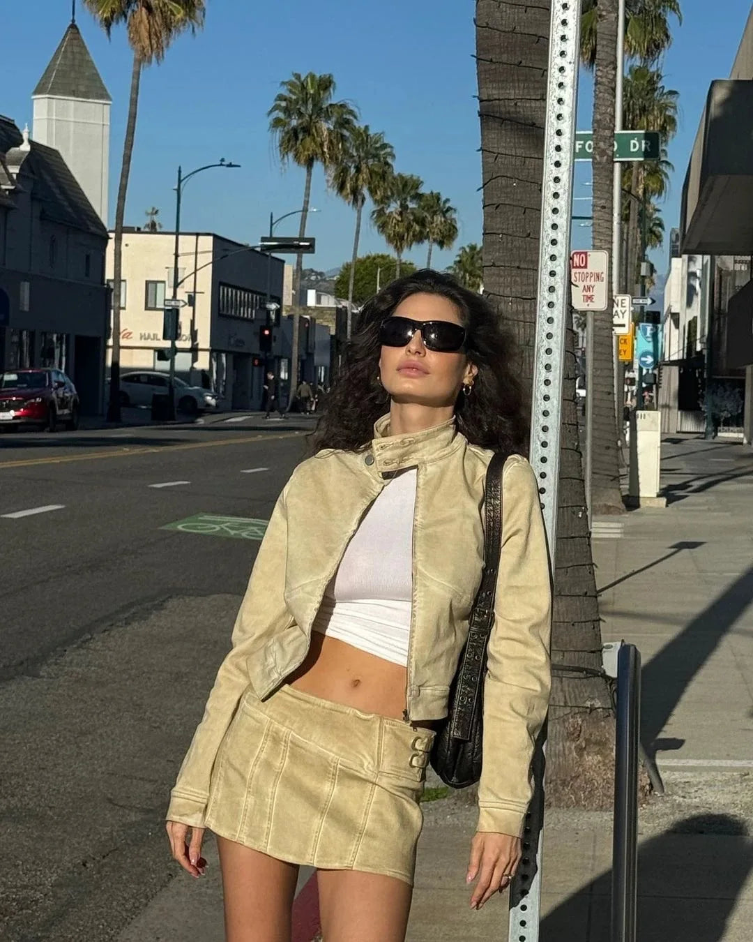 With jean bella washed khaki jacket short low-rise skirt set