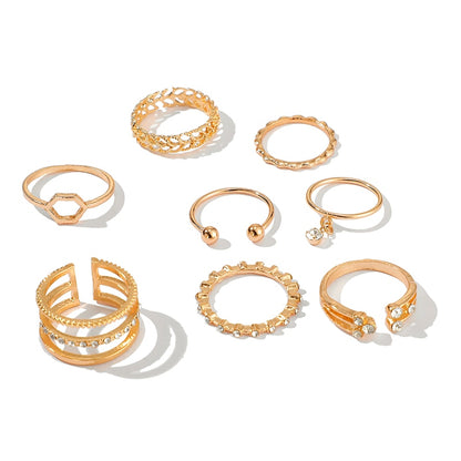 Tocona 8pcs/sets Hollow Out Rings for Women Charms Clear Crystal Stone Gold Chain Rings Bohemian