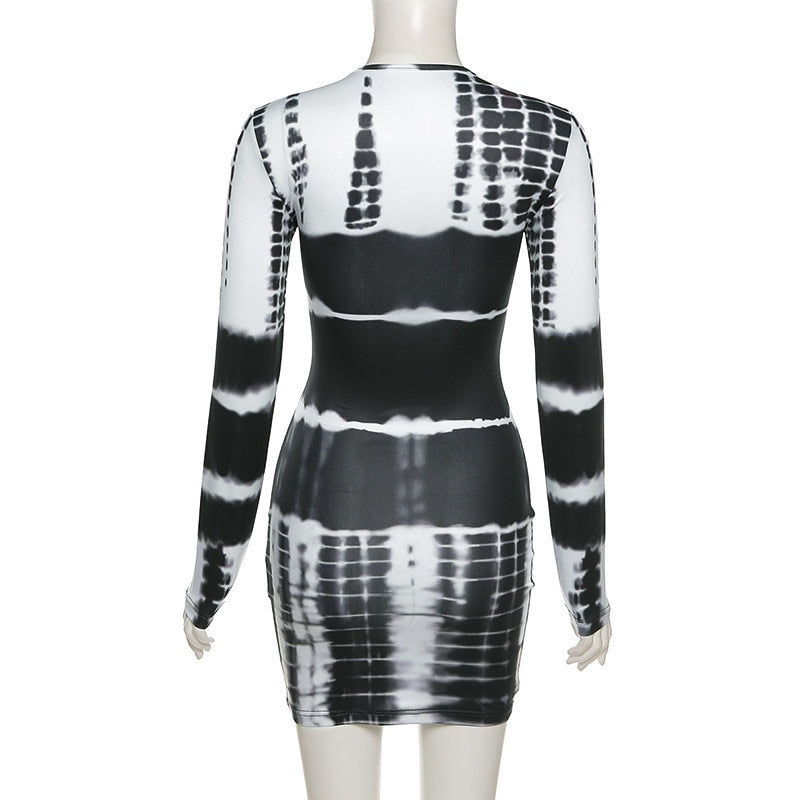 Winona Mini Long Sleeve Dress Black White Striped Tie-Dye Print