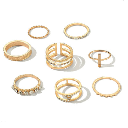 Tocona 8pcs/sets Hollow Out Rings for Women Charms Clear Crystal Stone Gold Chain Rings Bohemian