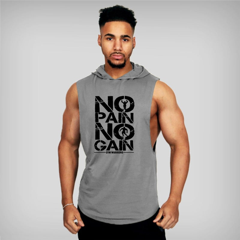 NO Pain NO Gain Clothing Mens Bodybuilding Hooded Tank Top Cotton Sleeveless