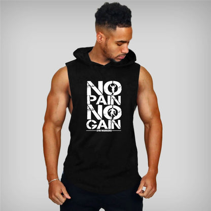 NO Pain NO Gain Clothing Mens Bodybuilding Hooded Tank Top Cotton Sleeveless