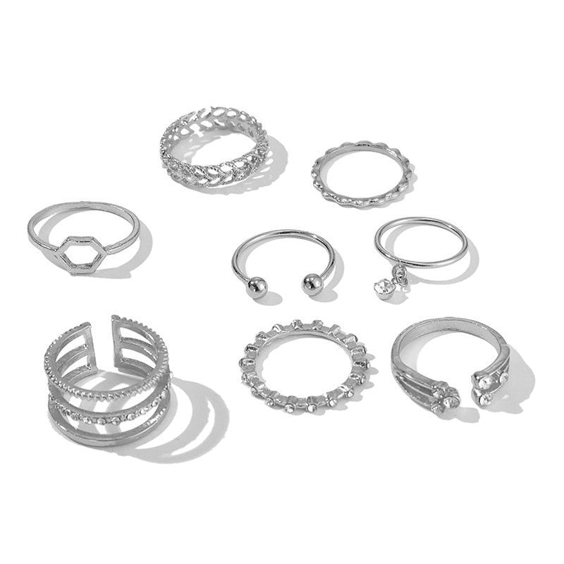 Tocona 8pcs/sets Hollow Out Rings for Women Charms Clear Crystal Stone Gold Chain Rings Bohemian