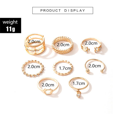 Tocona 8pcs/sets Hollow Out Rings for Women Charms Clear Crystal Stone Gold Chain Rings Bohemian