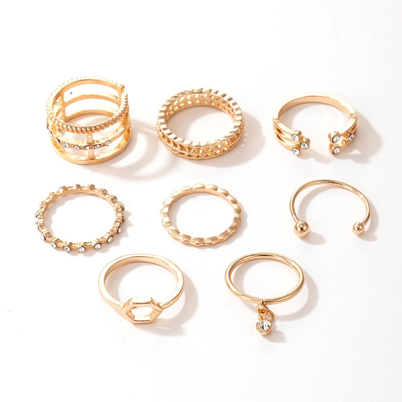 Tocona 8pcs/sets Hollow Out Rings for Women Charms Clear Crystal Stone Gold Chain Rings Bohemian