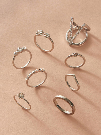 Tocona 8pcs/sets Hollow Out Rings for Women Charms Clear Crystal Stone Gold Chain Rings Bohemian
