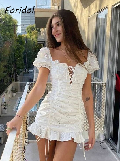 Florentini Lace up embriodery white summer dress women